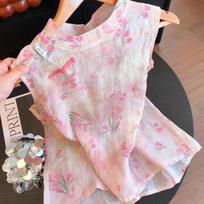 Women Tulip Print Mandarin Collar Frog Button Sleeveless Linen Blend Blouse M
