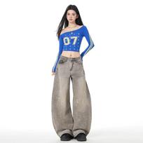 Spring Vintage Washed Splash Ink Saber Design Relax Wide Leg Denim Pants For Women Casual Pants Oversize Denim Trousers XS