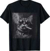 Smoking Cat Moody Noir Black and White Art Funny T-Shirt S įvairiaspalvis