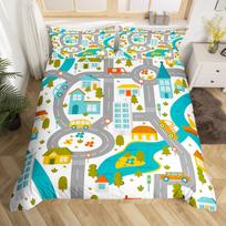 Racing Car Track Duvet Cover Queen For Kids BoysConstruction Vehicle Grey Bedding Set Red Cars Road Traffic Quilt Cover 3 Pcs EU Single(135*200cm)3pcs blue