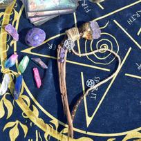 Amethyst Crystal Moon and Star Pentagram Staff with Feather and Stones Clear Quartz Accessories