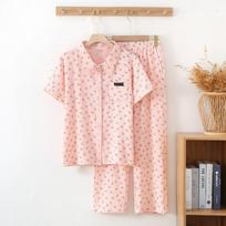 New Women's Pajama Set 100% Cotton Crepe Short Sleeves+Pants Two Piece Set Ladies Shirt Collar Pajama Home Furnishing M rožinė