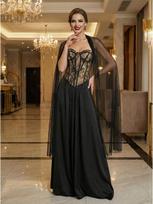 European Black Lace See-Through Bandeau Evening Gown with Long Train and Mesh Shawl Small juoda
