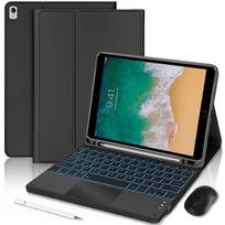 Klaviatūros dėklas iPad Air 3 10,5  / iPad Pro 10,5  - Juodo odos efektas su apšviečiamu klaviatūros mygtukais + Pelė + Stylus