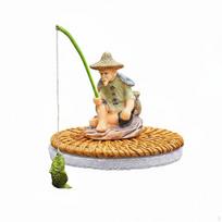 Plūduriuojanti žvejo figūrėlė, senio žvejo statulėlė, tvenkinio ornamentas stalui, vandens elementui, Rattan Base Fisher