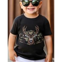 European sizes Kids' Deer Camo Print Black TShirt, Crew Neck, Casual Cotton Tee, Alphabet Pattern, for Summer 98cm juoda