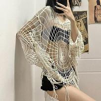 Women Y2k Clothes Spider Web Hollow-Out Hole Spice Girl Hooded Pullover Knit Top Sweater Fashion Long Sleeve Vintage Style S abrikosas