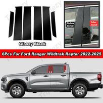 6 vnt. blizgios pianino juodos/anglies pluošto automobilio statramsčio dangteliai, durų apdailos, langų lipdukai Ford Ranger Wildtrak Raptor -2025 juoda