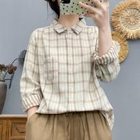 Spring 2026 Plaid Lapel Double-Layer Cotton Gauze Slimming Long Sleeve Women's Shirt Medium gray