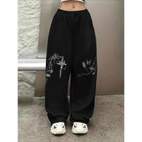 Stylish Gothic Sword Butterfly Pants Women Quick Dry Fabric Trousers Goth Y2K Loose Baggy Streetwear S