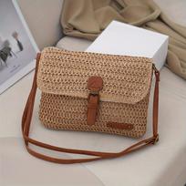 Vintažinė pintų šiaudų pasiuntinio rankinė, maža papiruso crossbody rankinė moterims, retro kelioninė paplūdimio rankinė su reguliuojamu dirželiu KTB chaki
