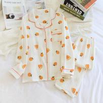Spring and Autumn New Women's Pure Cotton Crepe Long-Sleeved Long Pants Pajamas Large Size Loose Homewear Set Summer M balta