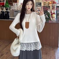 Lace T-shirts White Simple Tees Women's T-shirts Design Round Neck Girls Cute T-shirts Fashion Lace Wide Tops XL white