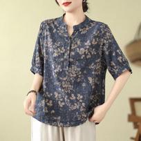 Women Floral Print Mandarin Collar Half Placket Half Sleeve Linen Blend Blouse M tamsiai mėlyna spalva