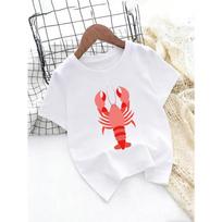 European sizes Cartoon Lobster Print T-Shirt for Boys And Girls, Cute Summer Short-Sleeve Top Featuring Marine Life 110 balta