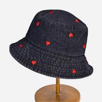 Retro Denim Fisherman Hat Love Heart Embroidery Sun Protection Hat Fashion Bucket Hat  Women juoda