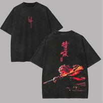 Demon Slayer Tomioka Giyu Vandens kvėpavimas Vintažiniai skalbiami marškinėliai su spaudiniu ant nugaros, Unisex didelio dydžio gatvės stiliaus, Anime gerbėjų dovana L