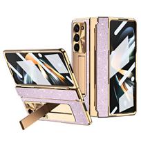 For Samsung Galaxy Z Fold 7 6 5 4 Z Fold 3 5G Case with Screen Protector  Frosting One-Piece Plating Stand Cover Gold For Galaxy Z Fold 3