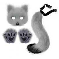 Rankų darbo dirbtinio kailio kaukė lapės kaukė rankų darbo dirbtinio kailio katės lapės maskarado rinkinys Helovino vakarėliui Cosplay Therian juoda pilka spalva