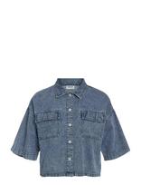 NOISY MAY - Nmenza S/S Reg Crop Shirt Mg004Mb Noos - Džinsiniai marškiniai - Mėlyna