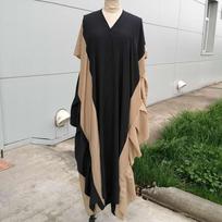 Women's Clothes V-Neck Short Sleeve Colorblock Fungus Lace Long Dress Arab Robe ABAYA one size juoda/chaki