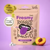 Fresmy persikų skonio dantų pastos tabletės vaikams (be fluoro), 124  vnt.