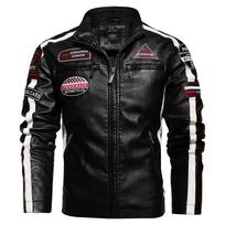 Men's Fall and Winter Embroidery Splicing Biker Jacket PU Leather Padded Stand-up Collar Jacket S