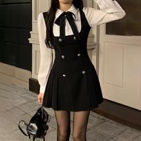 Miela minkšta mergaitės mini suknelė, dviejų dalių imitacija, moteriška preppy stiliaus suknelė su kaspinėliu ir sagomis, ilgomis rankovėmis, A silueto mini suknelė S juoda
