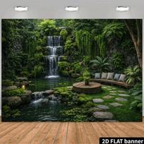 2D Lush Greenery Patio Mural with Cascading Waterfall Photo Background 47.2x31.5inch/120*80cm