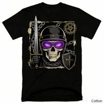 Vintage Biker Skeleton Knight Graphic T Shirt, Cotton Crew Neck Short Sleeve Tee, Sword Shield Print Unisex Top S įvairiaspalvis