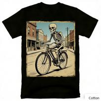 Vintage Skeleton Cyclist Graphic T-Shirt Small Town Bicycle Print Cotton Short Sleeve Casual Unisex Tee Retro Cycling Style Top S įvairiaspalvis