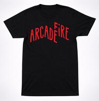 Arcade Fire Arched Red Text Logo Shirt Indie Rock Band Graphic Black Tee S įvairiaspalvis