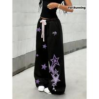 Black Purple Star Print Fashionable Pants, Women's Elastic Drawstring Waist Trousers Y2K Kids Streetwear for Running S