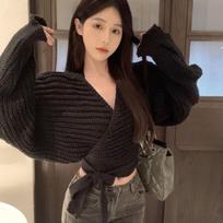 Retro Lazy Cross Knitted Women's V-neck Tie Up Solid Color Cardigan Sweater Coat Top S juoda