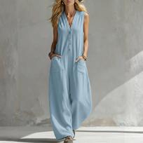 Women's  V-neck Waist Cinched Fashionable Jumpsuit Wide Leg Pants S