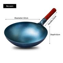 Tradicinė rankų darbo geležinė keptuvė Wok, tikra plaktuku kalta Wok, tradicinė anglies plieno Pow Wok su medine ir plienine pagalbininke, apvaliu dugnu