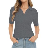 Women's Cable Knit V Neck Short Sleeve Sweater Top Collared Pullover Lightweight Soft Knitwear XXL