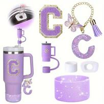 6PCS Purple Cup Accessories Set For Stanley Cup 30&40oz Silicone Straw Topper And Boot Spill Proof Stopper Letter Pendants pink