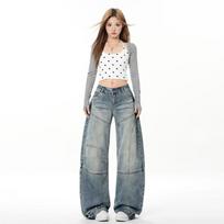 Spring Vintage Deconstruction Saber Design Relax Wide Leg Denim Pants For Ladies Casual Pants Oversize Denim Trousers XS