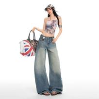 Spring Summer Vintage Classic 3D Cut Washed Saber Cut Wide Leg Denim Pants For Women Casual Pants Oversize Denim Trousers XS