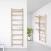 Vaikiška medinė žaidimų aikštelė namams: gimnastikos kopėčios (210 cm), virvinės kopėčios, gimnastikos žiedai, baltos spalvos