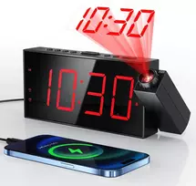 Mesqool projekcinis žadintuvas su LED ekranu, 180° kampu besisukančiu projektoriumi ir USB įkrovikliu, MEU-CR1001F-Raudona