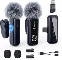 YEJATA belaidžiai lavalier mikrofonai su USB-C ir Lightning, skaitmeninis akumuliatoriaus įkrovos ekranas, 2 vnt., K3