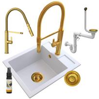 Granito kriauklė, geriausia, balta, čiaupas, auksinis sifonas