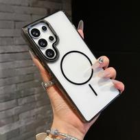 Metalinis objektyvo rėmelis Skaidrus telefono dėklas Samsung S25 Plus S24 FE S23 Ultra A16 A56 A36 A55 A15 Minkštas kraštas Smūgiams atsparus Belaidis įkrovimas Magnetinis galinis dangtelis Samsung S25 juoda