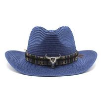 Western Cowboy Bull Head Straw Hat Ethnic Style Tibetan Tibetan Jazz Top Hat Dance Drama Hat M（56-58cm） tamsiai mėlyna