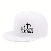 He Is Risen Cross Christian Easter Flat Brim Baseball Cap Polyester Adjustable Snapback Hat Unisex One Size white