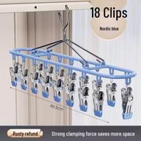 Multi-Functional Stainless Steel 18-Clip Sock Drying Rack with Windproof Hook for Balcony Use