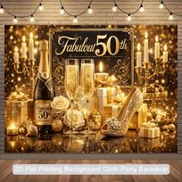 2D 2D Flat Printing 50th Birthday Backdrop Black Gold Sparkle Party Decor 47.2x31.5inch/120*80cm