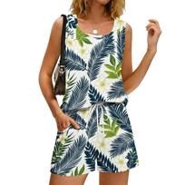 Women Summer Casual Floral Print Tank Top Sleeveless Square Neck Sportswear with Pockets Shorts Set Lightweight Breathable Two Piece Outfit M